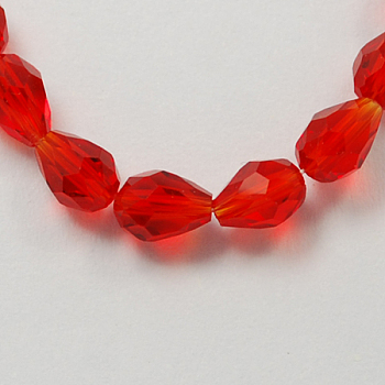 Glass Beads Strands, Faceted, Drop, Red, 11x8mm, Hole: 1mm, about 57~59pcs/strand, 26.38~26.77 inch