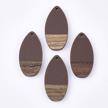 Resin & Walnut Wood Pendants, teardrop, Coconut Brown, 31x16x3.5~4mm, Hole: 1.5mm