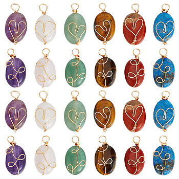 4 Sets 2 Styles Natural Mixed Gemstone Pendants, Oval Charms with Eco-Friendly Light Gold Plated Copper Wire Wrapped, 17.5~20x9~10x4.5~6mm, Hole: 1.8~3mm, 6pcs/set, 2 sets/style