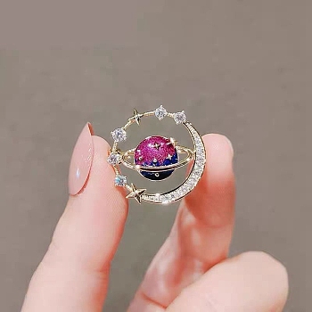 Planet Alloy Rhinestone Brooches for Women, with Enamel, Medium Violet Red, 20mm