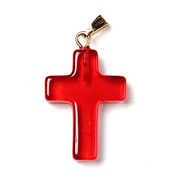 Glass Pendants, with Golden Plated Iron Findings, Cross, Red, 28.5x18x4.5mm, Hole: 5.5x3mm