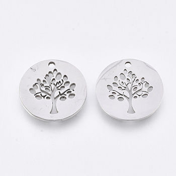 201 Stainless Steel Pendants, Laser Cut Pendants, Flat Round with Tree, Stainless Steel Color, 16x1mm, Hole: 1.5mm
