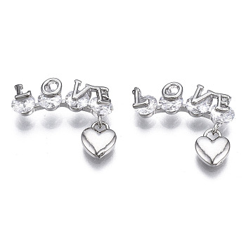 Brass Clear Cubic Zirconia Pendant Links Connectors, Love with Heart, Platinum, 14x16x4mm, Hole: 1mm
