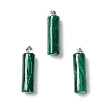 Natural Malachite Pendants, Column Charms, with Silver Plated 925 Sterling Silver  Snap on Bails, 28.5x8mm, Hole: 2.5x4mm