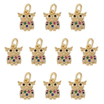 10Pcs Rack Plating Brass Micro Pave Cubic Zirconia Charms, with Jump Ring, Cadmium Free & Lead Free, Owl, Real 18K Gold Plated, 11x9x2.5mm, Jump Ring: 5x1mm, Inner Diameter: 3mm