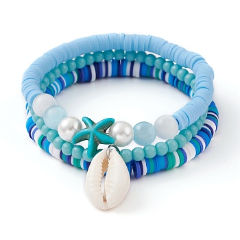 3Pcs 3 Styles Polymer Clay Heishi Beads Stretch Stackable Bracelets Sets, with Cat Eye Beads, Synthetic Turquoise Starfish Beads and Natural Cowrie Shell Beads, Sky Blue, Inner Diameter: 2~2-3/8 inch(5.2~6.1cm), 1pc/style