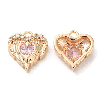 Brass & Glass & Cubic Zirconia Charms, Heart Wing Charm, Real 18K Gold Plated, Pearl Pink, 11x10.5x4mm, Hole: 1.2mm