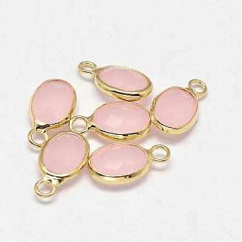Oval Faceted Golden Tone Brass Glass Charms, Pink, 12x7x3.5mm, Hole: 1mm