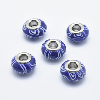 Handmade Polymer Clay European Beads, with Silver Color Plated Brass Cores, Large Hole Beads, Rondelle, Medium Blue, 13~16x8~11mm, Hole: 4.5~5mm