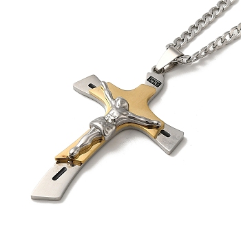 Cross with Jesus Pendant Necklaces, 304 Stainless Steel Curb Chain Necklaces, Golden & Stainless Steel Color, 23.62 inch(60cm)