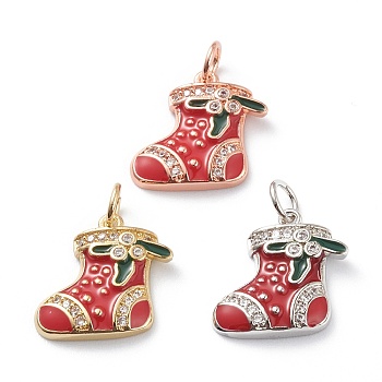 Brass Micro Pave Clear Cubic Zirconia Pendants, with Red & Green Enamel & Jump Rings, Long-Lasting Plated, For Christmas, Stocking, Mixed Color, 14.5x15.5x2.5mm, Hole: 3mm, Jump Ring: 5x1mm