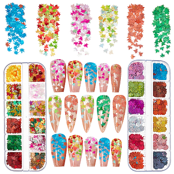 2 Boxs 2 Styles Laser Shining Nail Art Glitter, Manicure Sequins, DIY Sparkly Paillette Tips Nail, Packing Box, Maple Leaf, Mixed Color, 6x6x0.1mm, 1 box/style