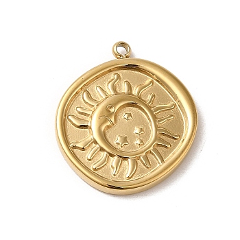 304 Stainless Steel Pendants, Flat Round with Sun Charm, Real 14K Gold Plated, 20x18x2.5mm, Hole: 1.5mm
