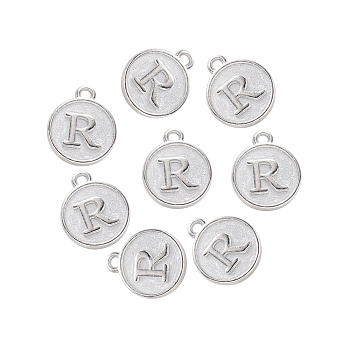 Alloy Pendant Cabochon Settings, For Enamel, Cadmium Free & Lead Free, Flat Round with Letter, Platinum, Letter.R, 14x12x2mm, Hole: 1.5mm
