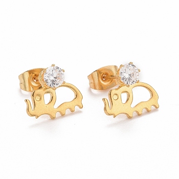 Elephant 304 Stainless SteelStud Earrings, with 316 Stainless Steel Pin & Glass Imitation Cubic Zirconia, Golden, 10x11.5mm, Pin: 0.7mm