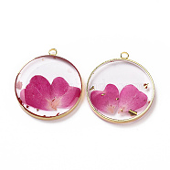 Transparent Clear Epoxy Resin Pendants, with Edge Golden Plated Brass Loops and Gold Foil, Flat Round Charms with Inner Flower, Fuchsia, 33.8x30x4mm, Hole: 2.5mm(RESI-L036-12G-10)