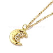 304 Stainless Steel Pendant Necklaces, Brass Micro Pave Clear Cubic Zirconia Pendant Necklaces, Moon, 17.52 inch(44.5cm) Pendant: 13x17.5mm(NJEW-U002-23G-03)