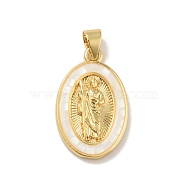 Brass Charms, with Shell, Cadmium Free & Lead Free, Long-Lasting Plated, Oval with Virgin Mary, Real 18K Gold Plated, White, 22.5x14x3.5mm, Hole: 3.5x3mm(KK-B059-49G-E)