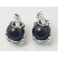 Synthetic Blue Goldstone Pendants, with Brass Findings, Dragon with Round, 27x22mm, Hole: 5mm(G-H1527-2)