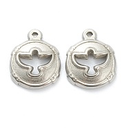 304 Stainless Steel Pendants, Flat Round with Hollow Bird, Stainless Steel Color, 14x11.5x2.5mm, Hole: 0.7mm(STAS-P279-48P)