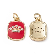 Brass Micro Pave Cubic Zirconia Enamel Pendants, with Jump Ring, Real 18K Gold Plated, Rectangle with Crown Pattern Charm, FireBrick, 16x11x2mm, Hole: 3.4mm(KK-E068-VB149-2)