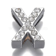 Alloy Letter Slide Charms, with Crystal Rhinestone, Cadmium Free & Lead Free, Platinum, Letter.X, 20x20x6.5mm, Hole: 3x18mm(RB-F034-01X-P-RS)