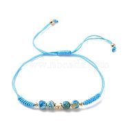 Natural Agate & Brass Clover Beaded Cord Bracelet, Gemstone Braided Adjustable Bracelet for Women, Deep Sky Blue, Inner Diameter: 7/8~3-5/8 inch(2.1~9.3cm)(BJEW-JB08366-04)