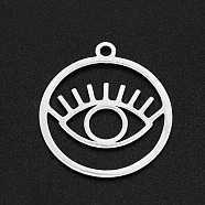 201 Stainless Steel Pendants, Laser Cut, Hollow, Ring with Eye, Stainless Steel Color, 27x24x1mm, Hole: 2mm(STAS-N090-LA005-1)