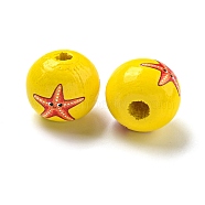 Natural Wood European Beads, Ocean Theme Printed lotus Beads, Large Hole Beads, Yellow, Starfish, 16x15mm, Hole: 4mm(WOOD-S059-01N)