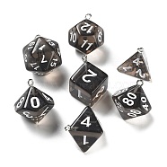 7Pcs 7 Styles Transparent Resin Polyhedral Dice Pendants Set, Multi-Sided Dice Charms with Platinum Plated Iron Loops, Mixed Shapes, Black, 20~28x19~24x17~24mm, Hole: 2mm, 1pc/style(RESI-A029-01E)