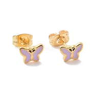 Enamel Butterfly Stud Earrings with 316L Surgical Stainless Steel Pins, Gold Plated 304 Stainless Steel Jewelry for Women, Thistle, 7.5x5.5mm, Pin: 0.7mm(EJEW-P204-04G-05)