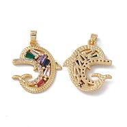Brass Cubic Zirconia Pendants, Dolphin Charm, Real 18K Gold Plated, Colorful, 23.5x20.5x3mm, Hole: 2x5mm(KK-B061-21G-01)