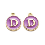 Golden Plated Alloy Enamel Charms, Enamelled Sequins, Flat Round with Alphabet, Letter.D, Purple, 14x12x2mm, Hole: 1.5mm(ENAM-Q437-12D)