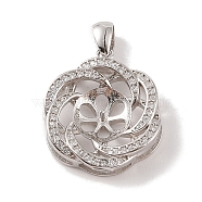 925 Sterling Silver Peg Bail Pendants, with Cubic Zirconia, Hollow Flower Charm, for Half Drilled Beads, Real Platinum Plated, 20x17x4mm, Hole: 3x4mm, Pin: 0.8mm(STER-B003-03P)