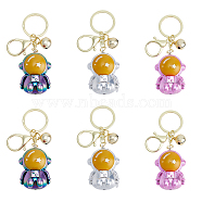 6pcs 3 Colors Acrylic Spaceman Pendant Keychain, with Light Gold Tone Alloy Findings and Sonance Brass Bell, Mixed Color, 9.6cm, 2pcs/color(KEYC-DC0001-10)