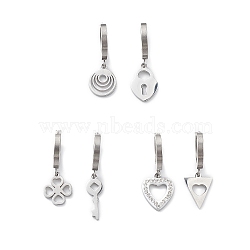 3 Pair 3 Style Crystal Rhinestone Clover & Lock & Key & Triangle & Flat Round & Heart Asymmetrical Earrings, 304 Stainless Steel Dangle Hoop Earrings for Women, Stainless Steel Color, 27~31mm, Pin: 1mm, 1 Pair/style(EJEW-B020-01P)