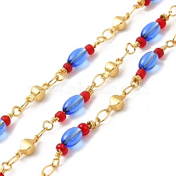 Handmade Oval Glass Beaded Chains, Real 18K Gold Plated Brass Link Chains, Soldered, with Spool, Cadmium Free & Lead Free, Royal Blue, Glass: 18.5~19.5x4mm, Brass Beads: 8.5x3.5x3mm(CHC-M024-12G)