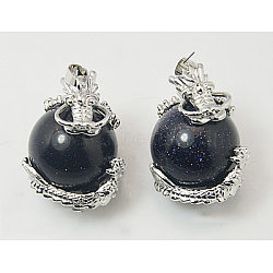 Synthetic Blue Goldstone Pendants, with Brass Findings, Dragon with Round, 26~28x18~20mm, Hole: 5mm(G-H1527-2)