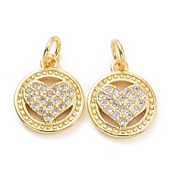 Brass Micro Pave Cubic Zirconia Charms, with Jump Rings, Flat Round with Heart, Light Gold, 13x11x2mm, 10pcs/box(ZIRC-SZ0004-53)