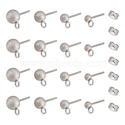 40Pcs 4 Size 304 Stainless Steel Stud Earring Findings, Textured Ball Stud Earring Post with Ear Nuts and Horizontal Loops, Stainless Steel Color, 6~10x3~6mm, Hole: 1.6~2.7mm, Pin: 0.6~0.7mm, 10Pcs/size(STAS-UN0044-43)