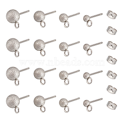 Unicraftale 40Pcs 4 Size 304 Stainless Steel Stud Earring Findings, Textured Ball Stud Earring Post with Ear Nuts and Horizontal Loops, Stainless Steel Color, 6~10x3~6mm, Hole: 1.6~2.7mm, Pin: 0.6~0.7mm, 10Pcs/size(STAS-UN0044-43)