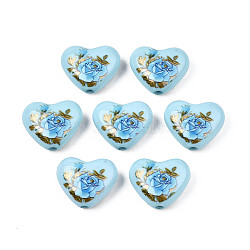Flower Printed Opaque Acrylic Heart Beads, Sky Blue, 16x19x8mm, Hole: 2mm(SACR-S305-28-G02)