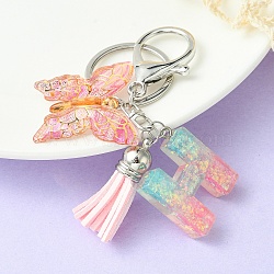 Resin & Acrylic Keychains, with Alloy Split Key Rings and Faux Suede Tassel Pendants, Letter & Butterfly, Random Gradient Color, Letter H, 8.6cm(KEYC-YW00002-08)