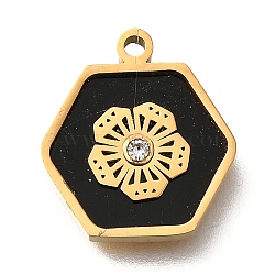 304 Stainless Steel Hexagon with Flower Charms, with Plastic Imitation Shell and Rhinestone, Ion Plating(IP), Golden, 14.5x12x2.3mm, Hole: 1.2mm(STAS-Q348-25G)