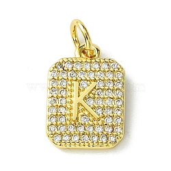 Rack Plating Brass Micro Pave Clear Cubic Zirconia Charms, Long-Lasting Plated, Lead Free & Cadmium Free, Rectangle with Letter Pattern, with Jump Ring, Real 18K Gold Plated, Letter K, 14x9.5x2mm, Hole: 3mm(KK-G501-01K-G)