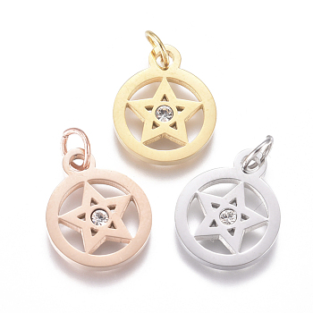 316 Surgical Stainless Steel Charms, with Micro Pave Cubic Zirconia and Jump Ring, Long-Lasting Plated, Pentacle, Clear, Mixed Color, 15x12x1.5mm, Hole: 3.5mm