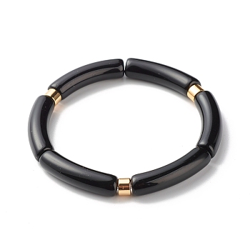 Curved Tube Acrylic Beads Stretch Bracelet for Girl Women, Golden, Black, Inner Diameter: 2-1/4 inch(5.6cm)