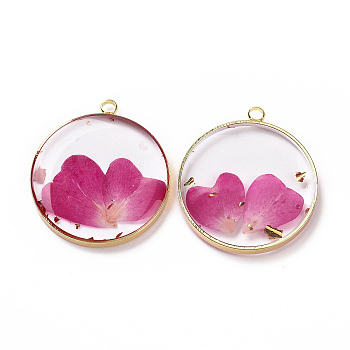 Transparent Clear Epoxy Resin Pendants, with Edge Golden Plated Brass Loops and Gold Foil, Flat Round Charms with Inner Flower, Fuchsia, 33.8x30x4mm, Hole: 2.5mm