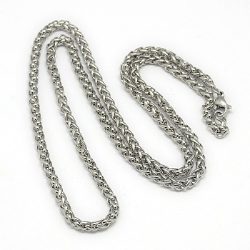 Trendy Men's 201 Stainless Steel Wheat Chain Necklaces, with Lobster Claw Clasps, Stainless Steel Color, 21.7 inch(55.1cm)