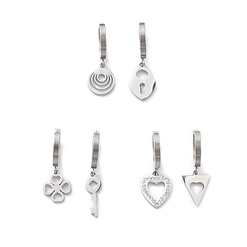 3 Pair 3 Style Crystal Rhinestone Clover & Lock & Key & Triangle & Flat Round & Heart Asymmetrical Earrings, 304 Stainless Steel Dangle Hoop Earrings for Women, Stainless Steel Color, 27~31mm, Pin: 1mm, 1 Pair/style